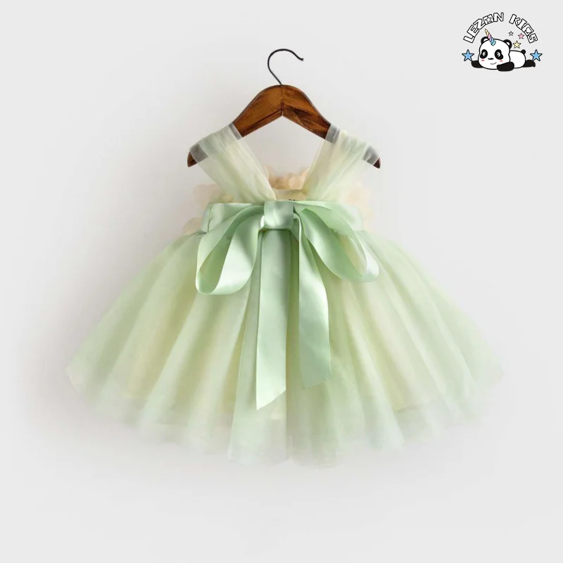 LEZONKIDS - Solid Flower Girl Casual Formal Dress Kids Elegant Cute Summer Floral Print Short Appliques Girl Dress